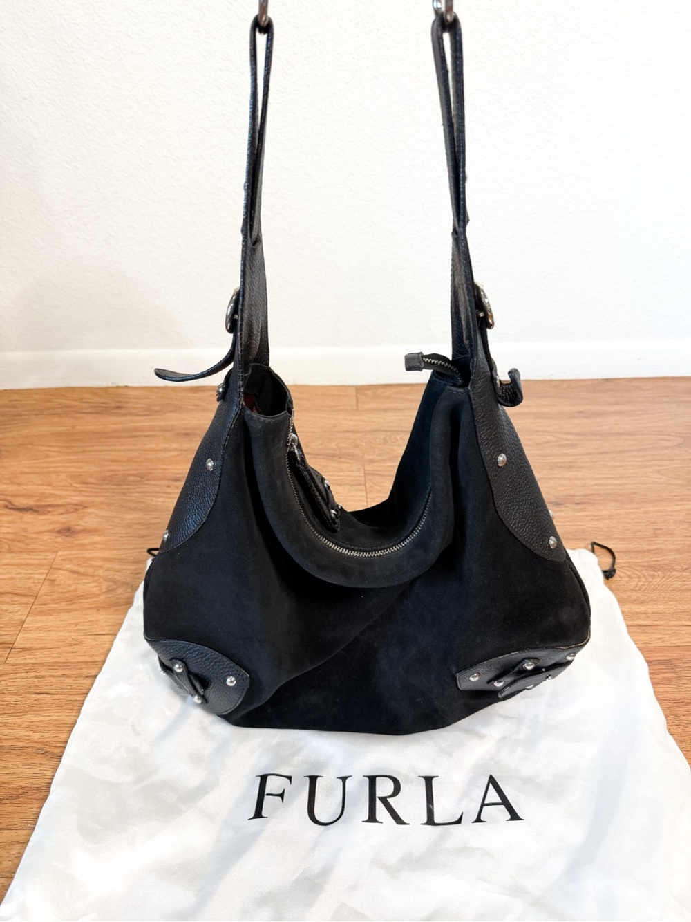 Vintage Furla Black Suede Leather Hobo Shoulder Bag Italy w/ Dust Bag